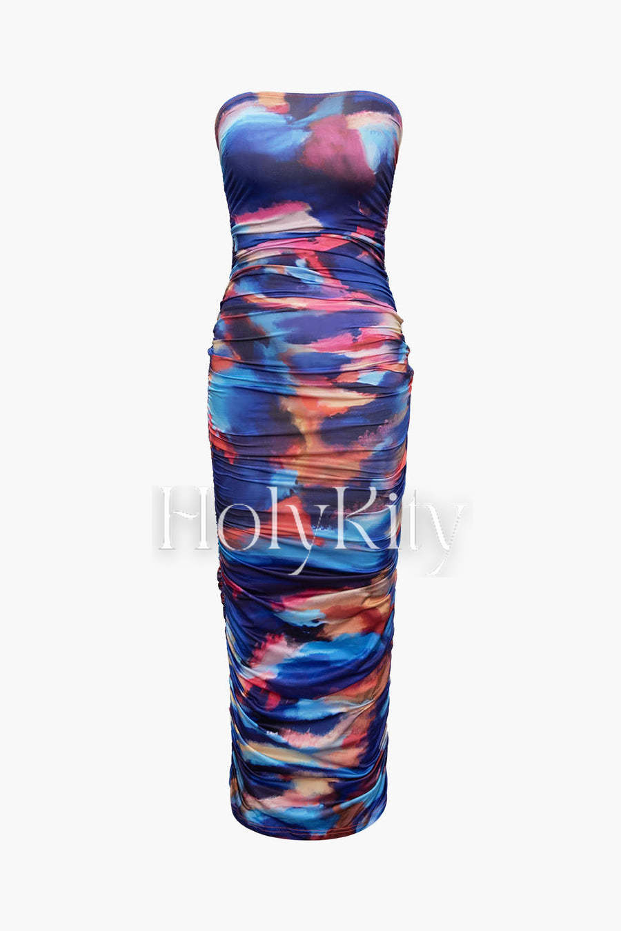 Tie Dye Strapless Ruched Maxi Dress With Gloves
