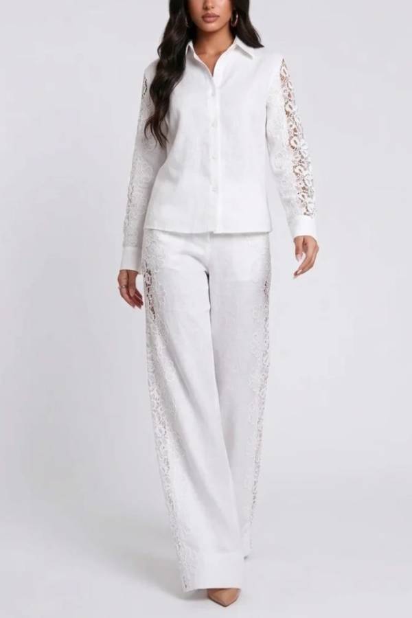 White Lace Panel Long Sleeve Shirt and Wide Leg Pants Two Piece Set