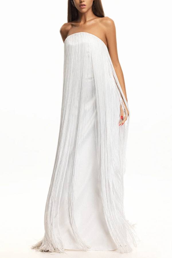 Strapless Long Fringe Evening Gown