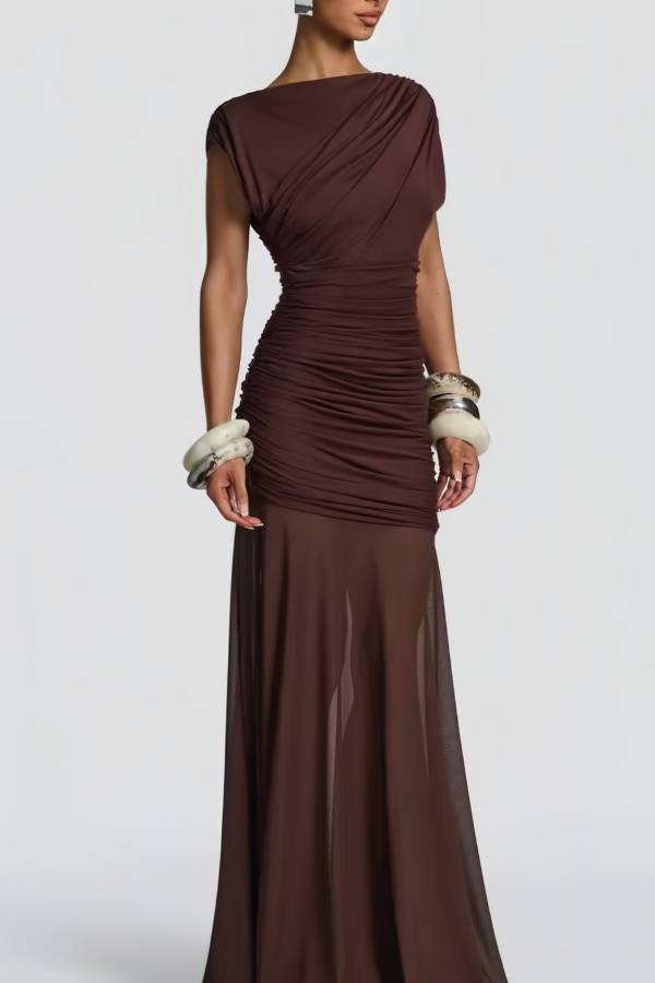 Draped Off Shoulder Ruched Waist Mesh Panel Maxi Evening Gown