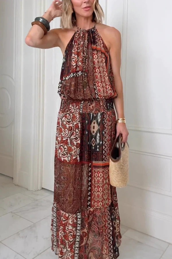 Ethnic Boho Colorblock Print Elastic Waist Resort Style Maxi Dress