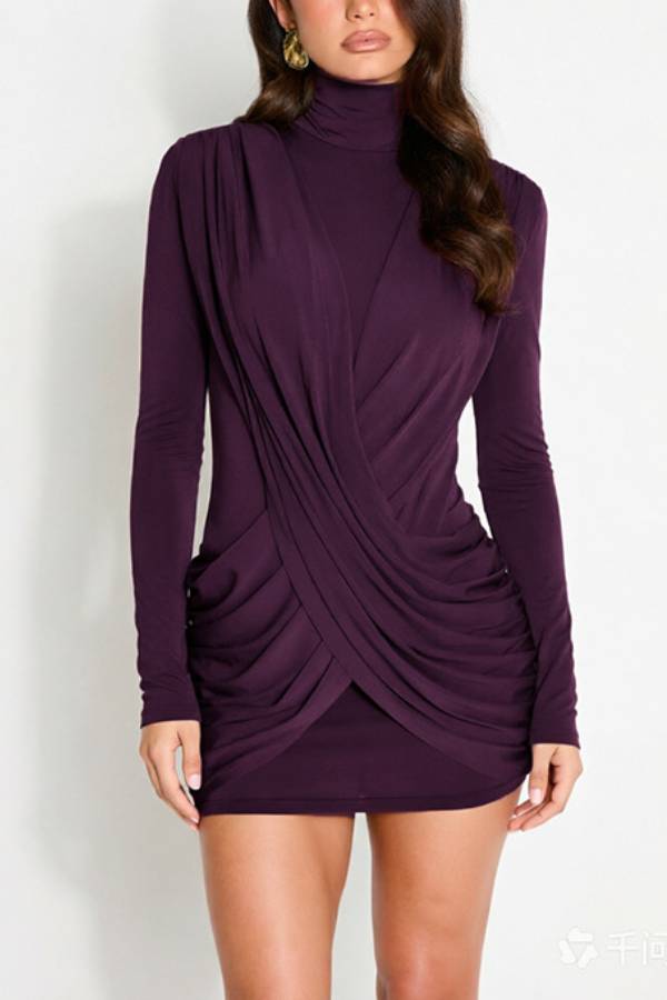 Turtleneck Cross Draped Ruched Long Sleeve Mini Dress