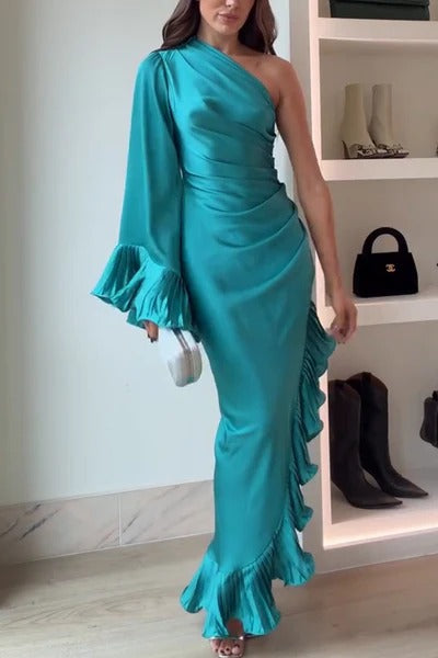 Elegant Satin One Shoulder Sleeve Pleated Ruffles Trim Ruched Asymmetrical Maxi Dress