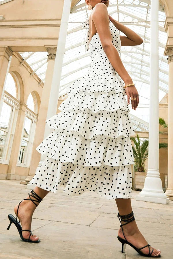Violet Polka Dot Print Layered Ruffles Halter Tie-up Midi Dress