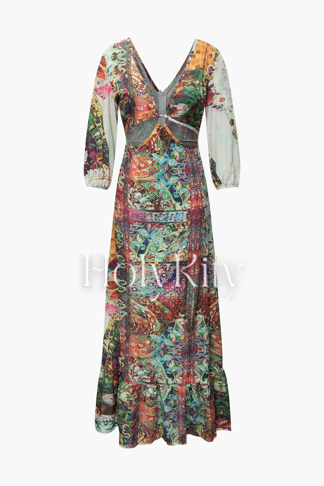 Bedrucktes Maxikleid mit V-Ausschnitt, Cut-Out und Knoten hinten 