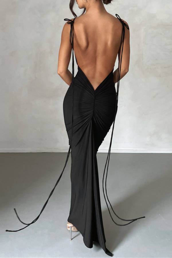 Spaghetti Strap Ruched Open Back Tie Maxi Dress