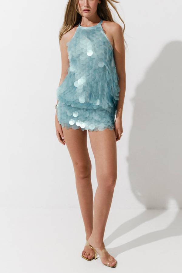 Halter Large Sequin Backless Two‑Piece Mini Skirt Set