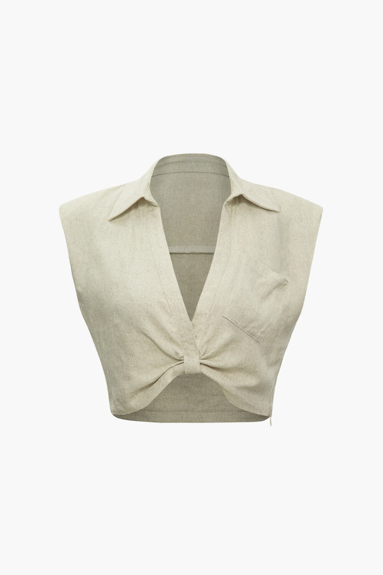 Linen V-neck Twist Hem Sleeveless Top