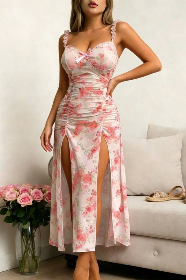 Floral Print Underwire Ruched High Slit Long Slip Nightgown