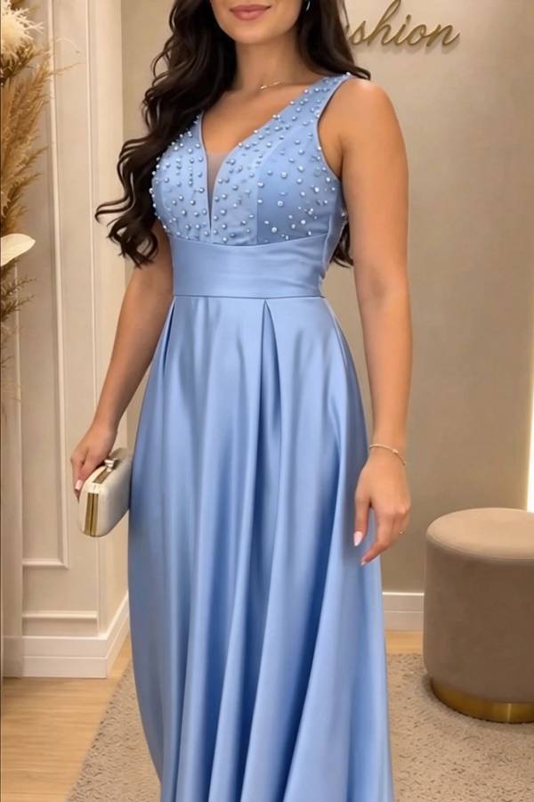 Grand Ball Satin Beadwork Details V-neck Pleated Hem Gown Maxi Dress