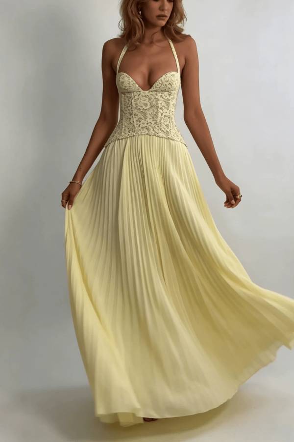 Halter Lace Corset Pleated Chiffon Maxi Evening Gown