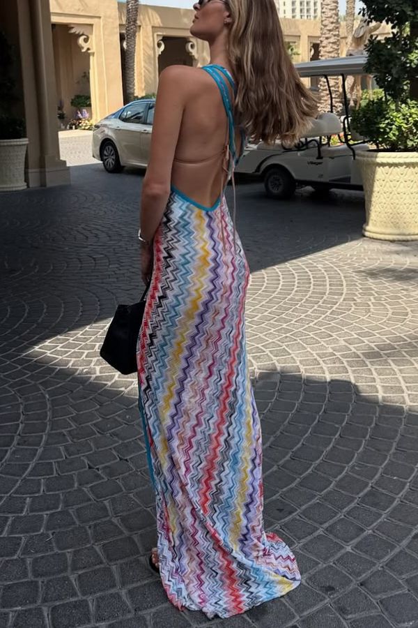 Ivanie Knit Colorful Zigzag Pattern One Shoulder Cutout Slit Maxi Dress
