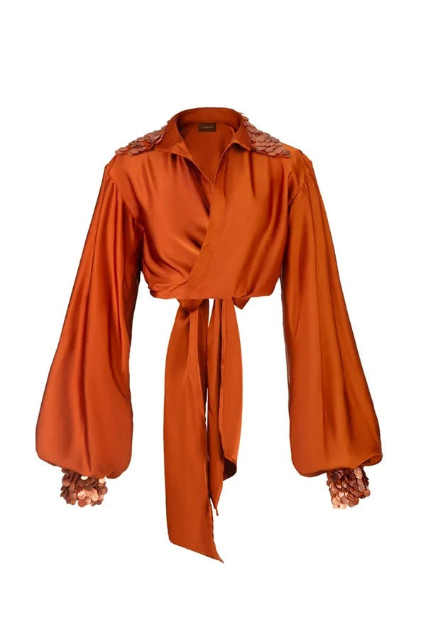 Velora Sequin Trim Wrap & Tie Satin Blouse