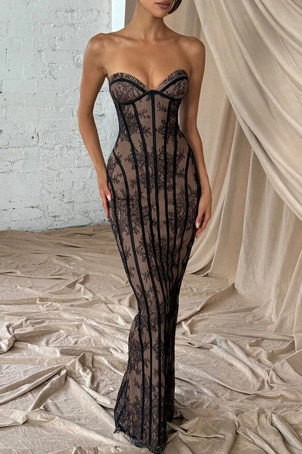 Sian Floral Lace Contrast Structural Detail Back Lace-up Strapless Slit Maxi Dress