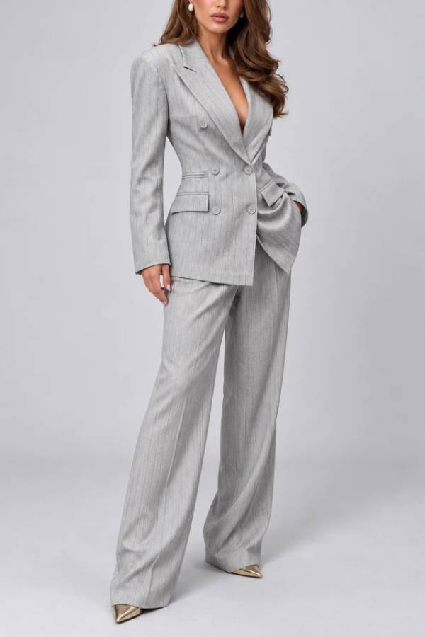 Grey Pinstripe Double-Breasted Blazer and Wide-Leg Pants Two-Piece Suit Set