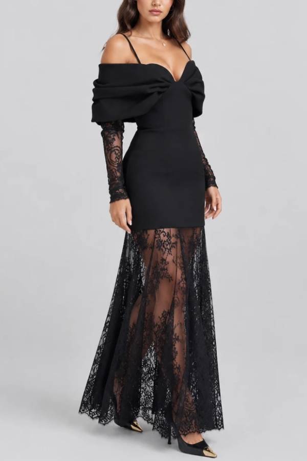 Women Black Cold Shoulder Bow Mini Dress and Sheer Lace Maxi Skirt Two Piece Set