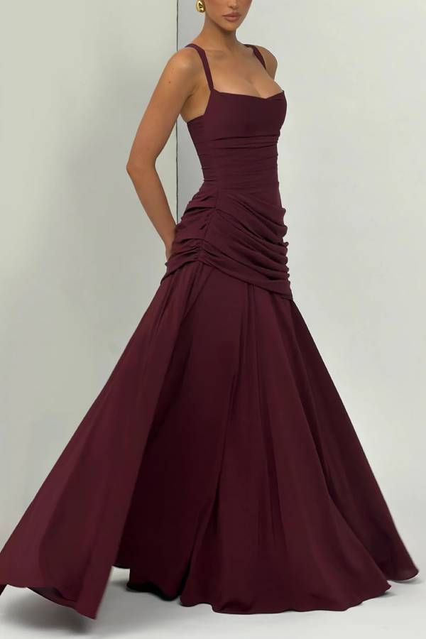 Stylish Spaghetti Strap Square Neck Slim-fit Elegant Pleated Maxi Dress