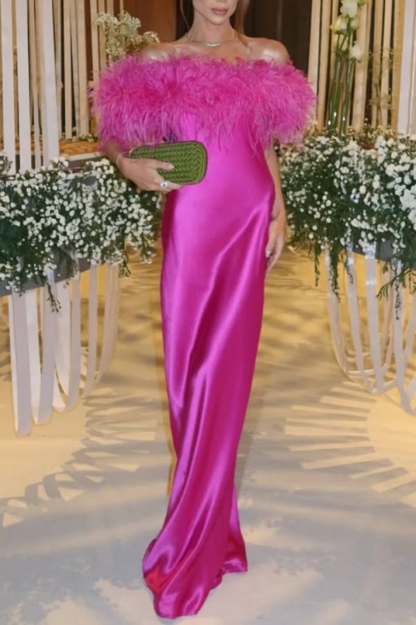 Feather Trim Off-the-Shoulder Satin Column Maxi Dress