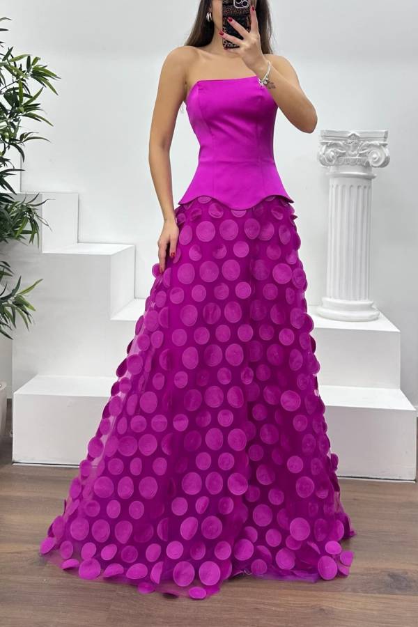 Hearts Aflutter Satin 3D Polka Dot Tulle Hem Strapless Evening Gown Maxi Dress
