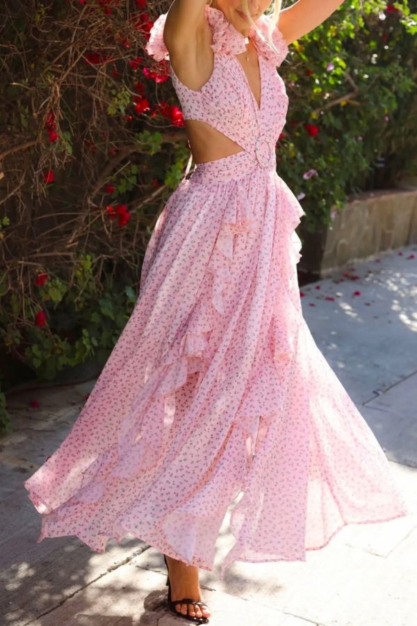 Wedding Dreams Chiffon Printed Flutter Sleeve Cutout Back Lace-up Maxi Dress
