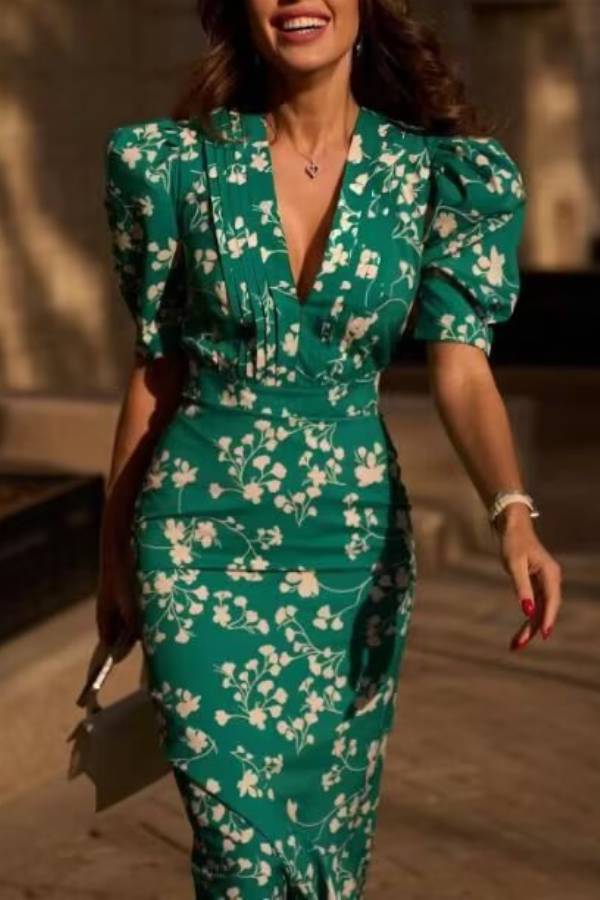 V-Neck Puff Sleeve Floral Midi Mermaid Dress