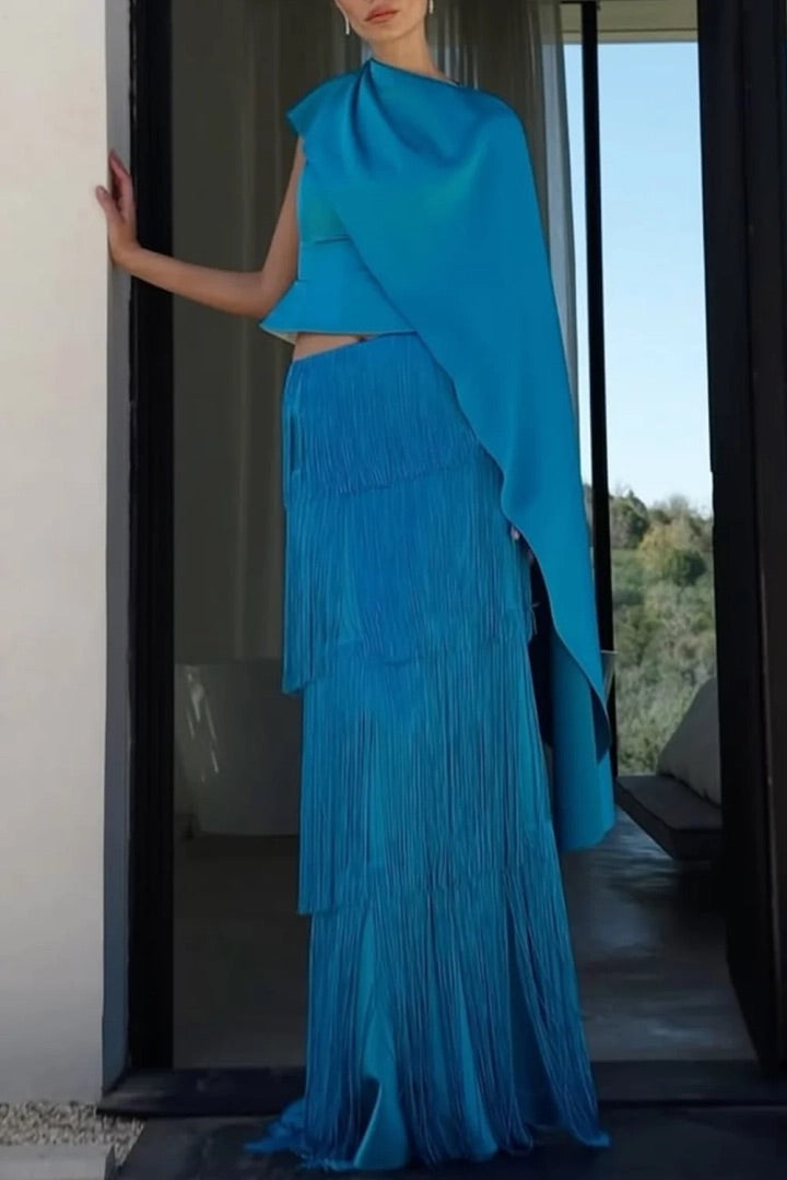 One Shoulder Cape Top and Tiered Fringe Maxi Skirt Two Piece Set