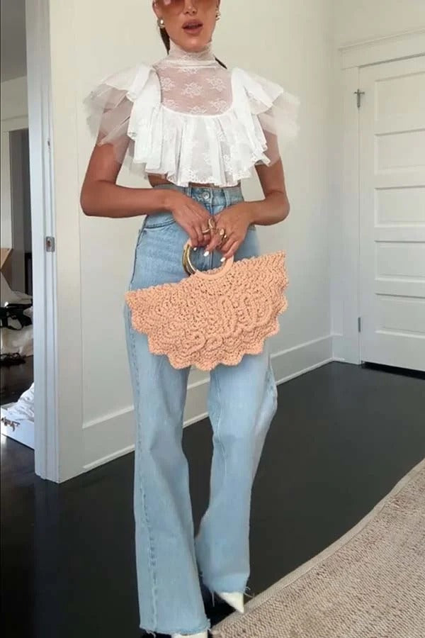 Kathlyn Lace Layered Tulle High Neck Ruffle Cropped Top