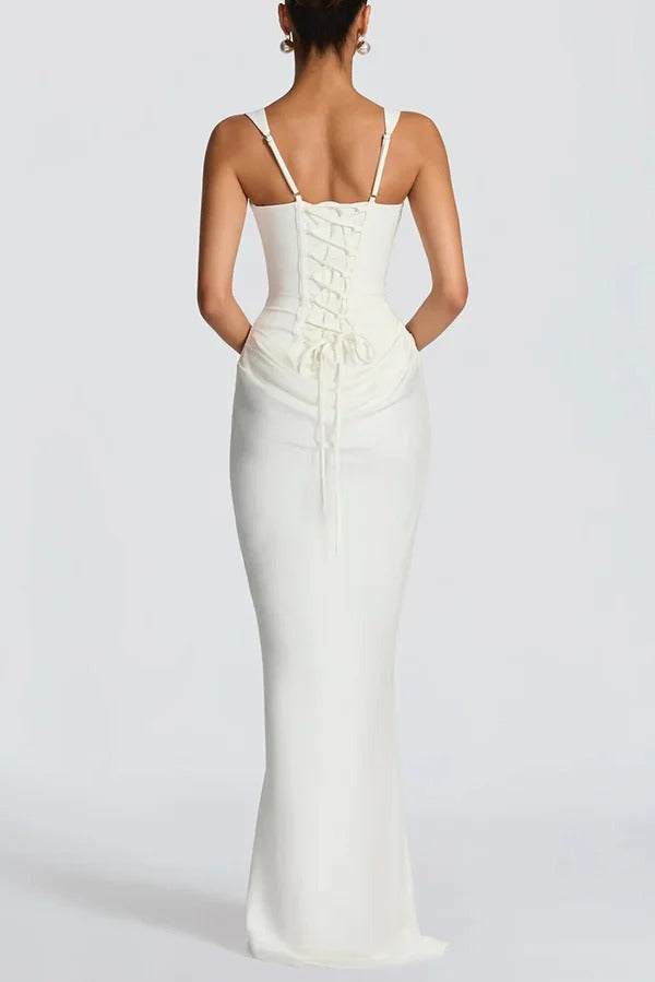 Larrah Square Neck Back Lace-up Satin Drape Hem Maxi Dress