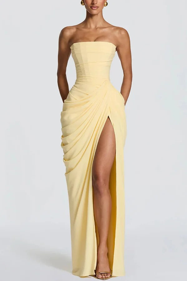 Cyra Chiffon Back Lace-up Asymmetrical Pleats Strapless Slit Maxi Dress