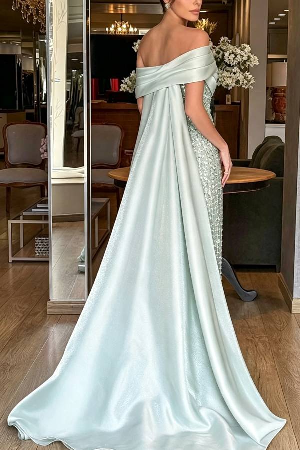 Lauren Satin and Sequin Embroidered Fabric Off Shoulder Shawl Maxi Dress