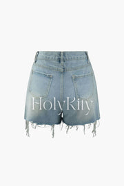 Asymmetric Frayed Denim Shorts