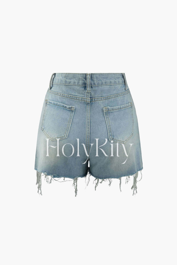 Asymmetric Frayed Denim Shorts
