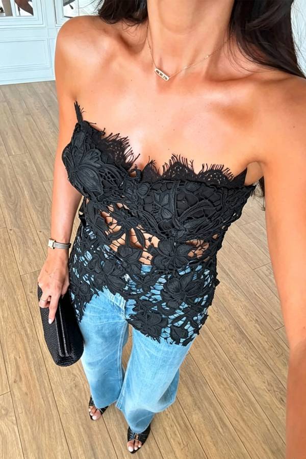 Floral Embroidered Lace Strapless Top