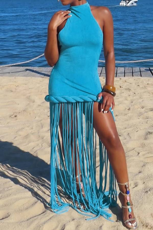 Halter Twist Waist Long Fringe Bodycon Mini Dress