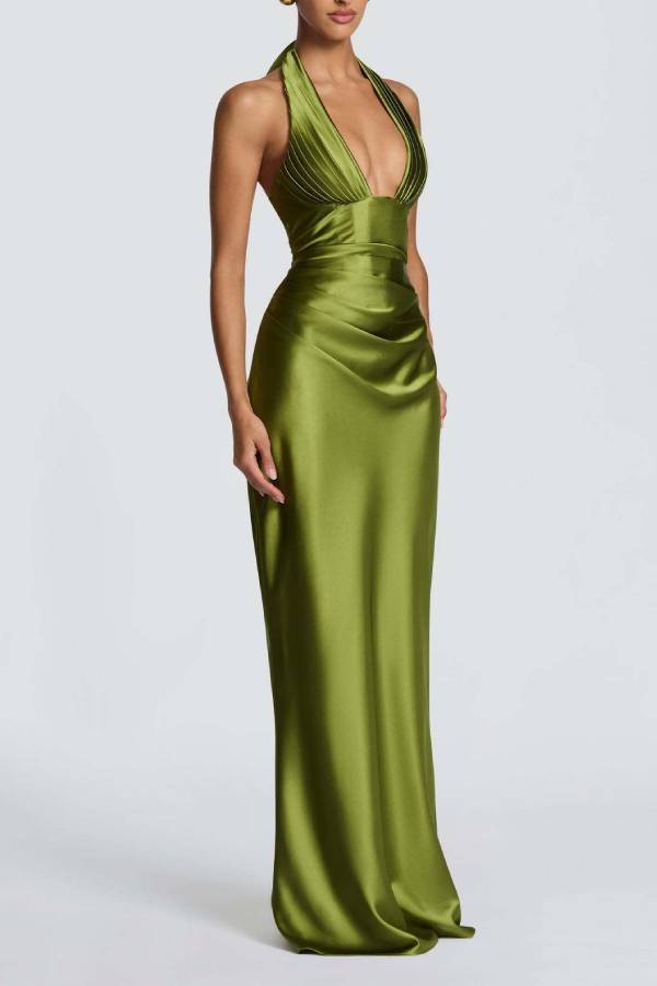 Halter Deep‑V Satin Mermaid Evening Maxi Dress