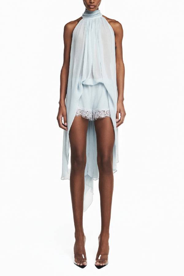 Light Blue Halter Chiffon Top & Lace Shorts Two‑Piece Set