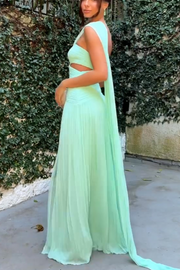 Forest Muse Chiffon Pleated Off Shoulder Cutout Waist Cape Maxi Dress