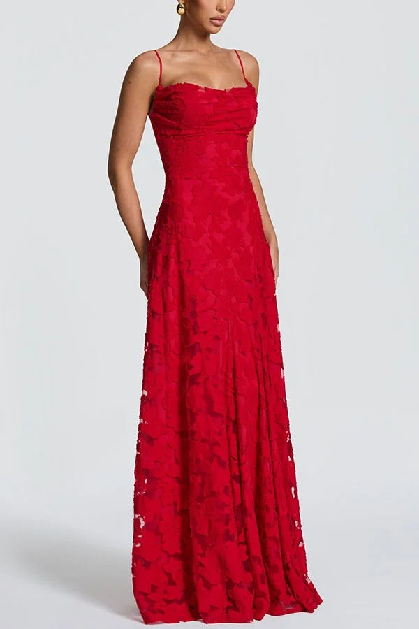 Francis Custom Floral Burnout Fabric Cowl Neck Back Lace-up Maxi Dress