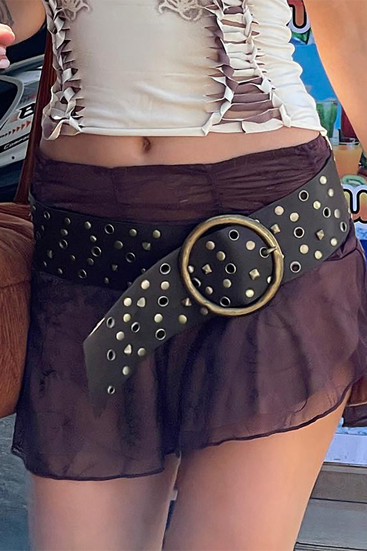 Studded Decor O-Ring Buckle PU Leather Retro Belt-Brown