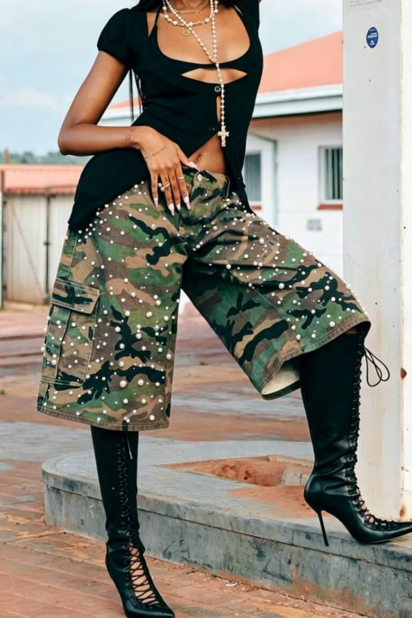 Pearl Embellished Camo Cargo Capri Wide Leg Shorts