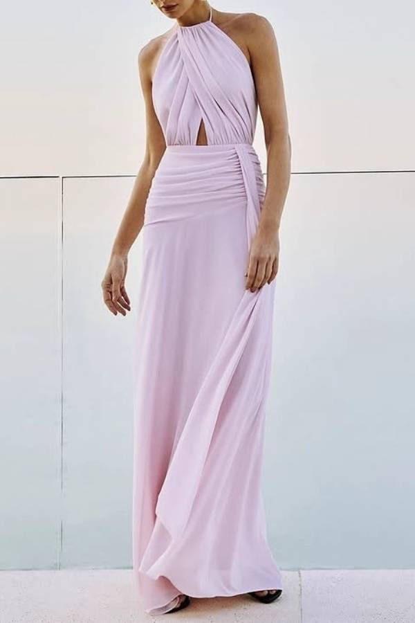 Halter Neck Twist Knot Cutout Backless Draped Maxi Dress