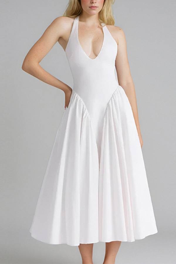 Halter Deep V Bodycon Panel Full Skirt Midi Dress