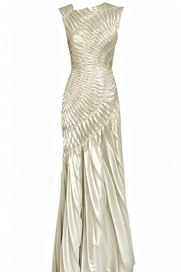 Fossil Metallic Fabric Radial Pleated Pattern Crew Neck Sleeveless Maxi Dress