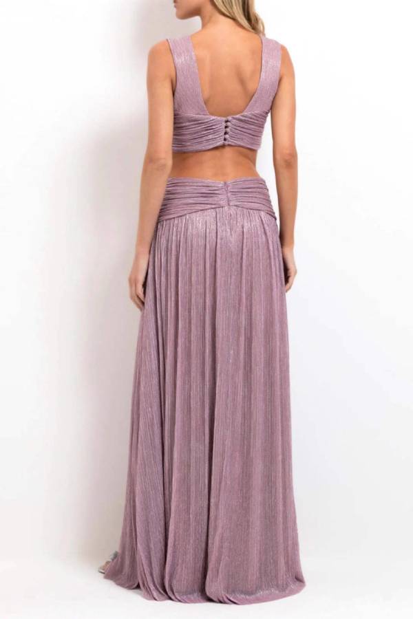 Deep V Cross Waist Cutout Slit Shimmer Evening Maxi Dress