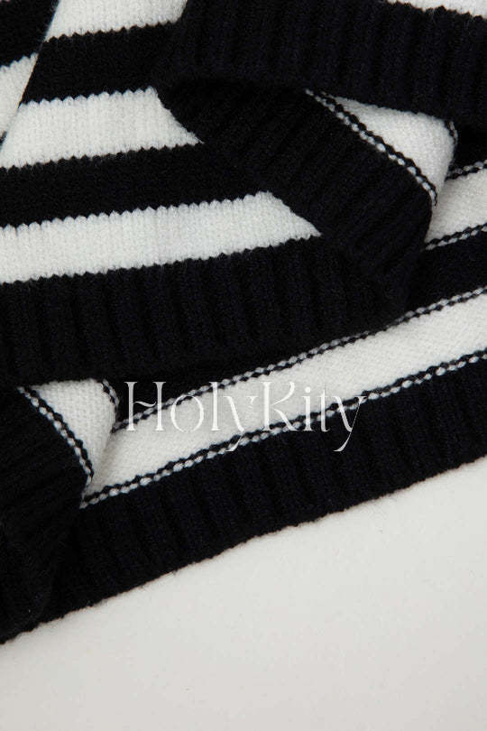 Stripe V-neck Cross Back Knit Midi Dress