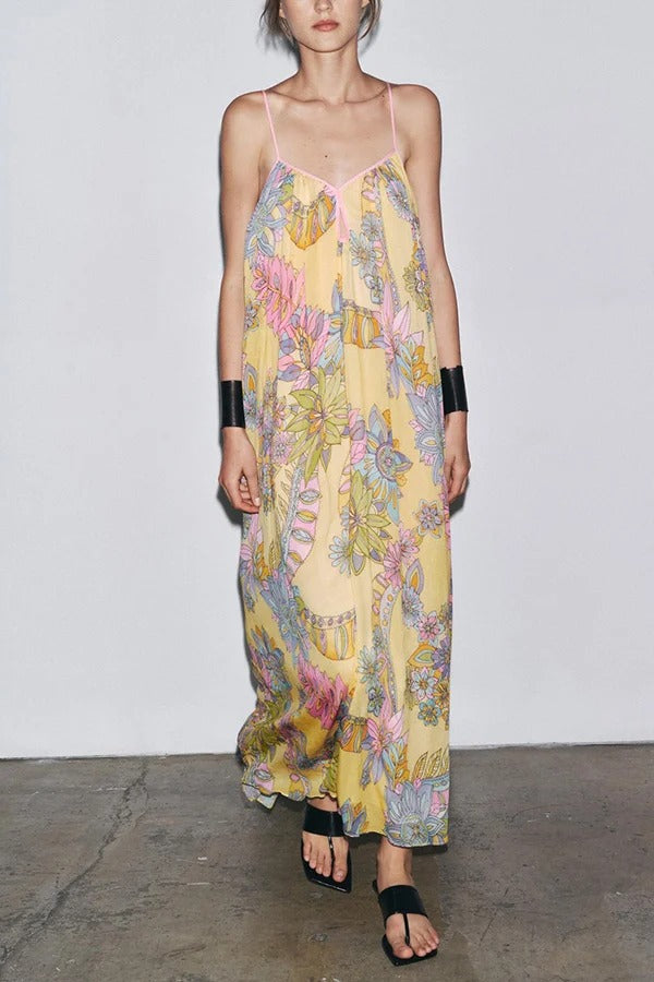 Plant Print Halter Back Loose Holiday Maxi Dress