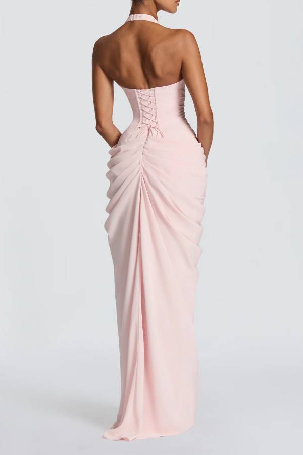 Minette Halter Back Lace-up Asymmetrical Pleats Slit Maxi Dress