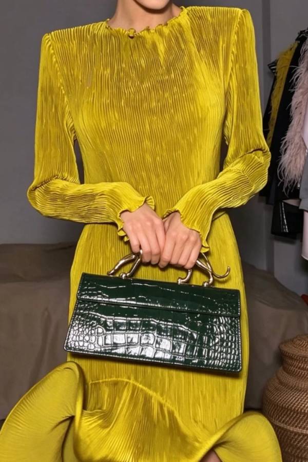 Long Sleeve Pleated High Low Dress with Sculptural Ruffle Hem