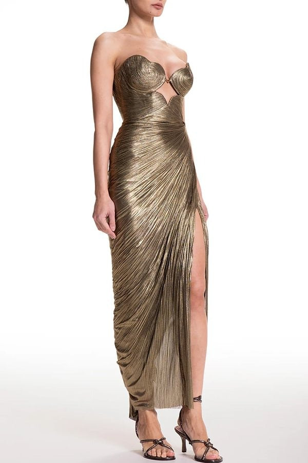 Amisha Metallic Pleated Shell Cups Hollow Gold Pendant Strapless Drape Slit Maxi Dress