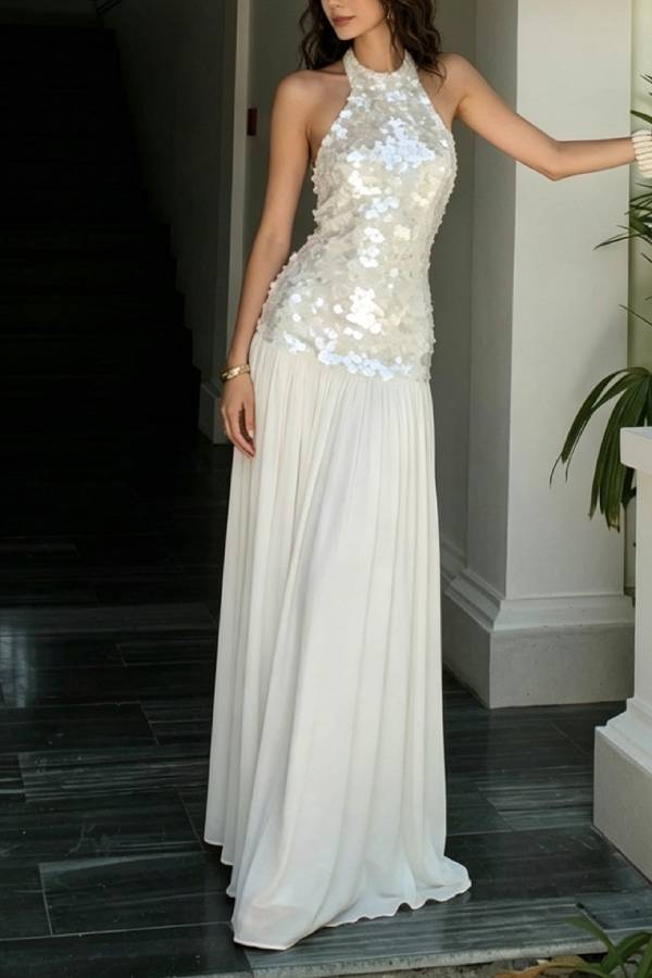 Halter Sequin Chiffon Spliced Long Evening Gown